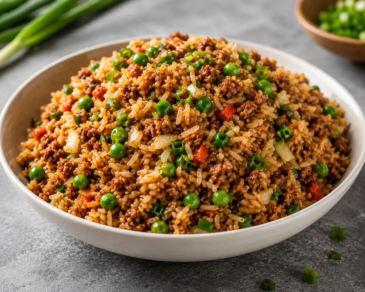 Hakka beef fried rice with crisp fried onions boxed for takeout at Southside Hakka & Momo House, 699 Wilkins Street, London, Ontario