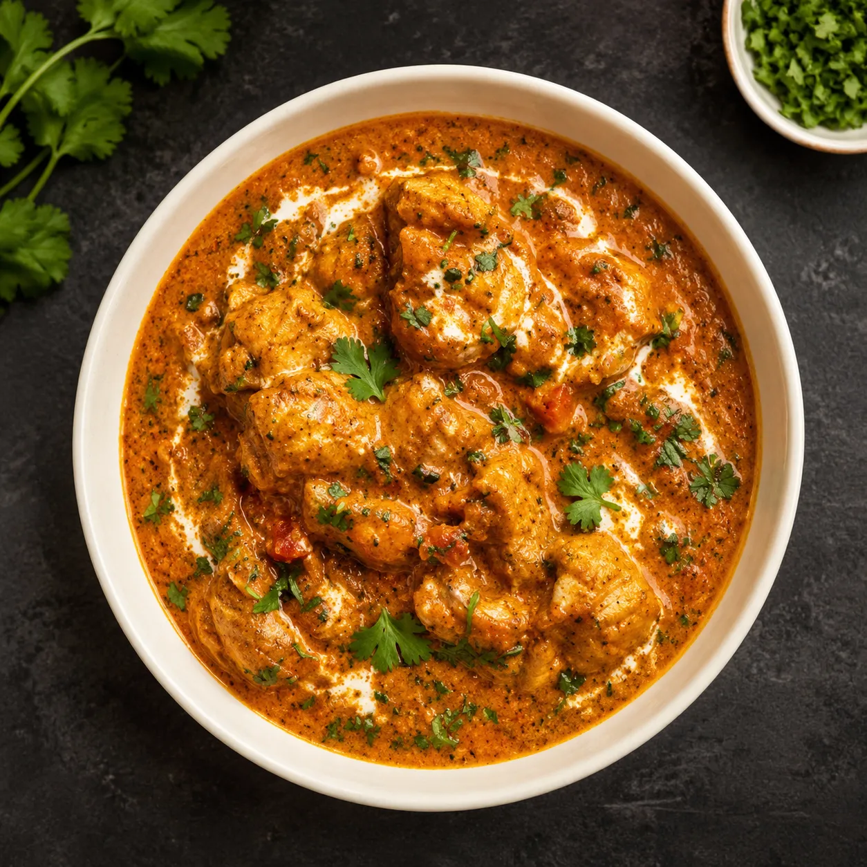 Creamy chicken curry finished with chilli oil at Southside Hakka & Momo House in South London, Ontario