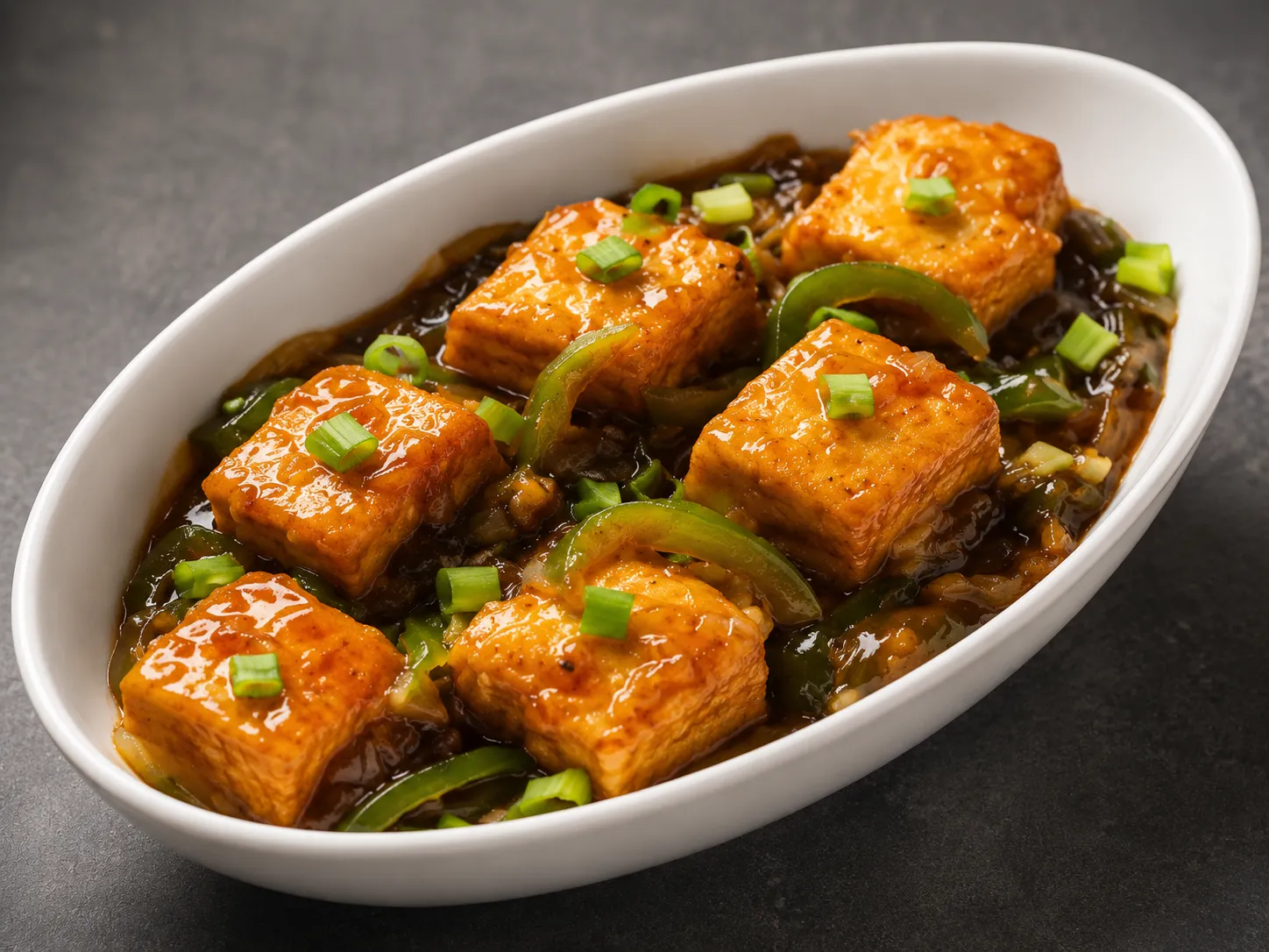 Chilli paneer wok-tossed with green peppers and onions at our Hakka restaurant in South London, Ontario