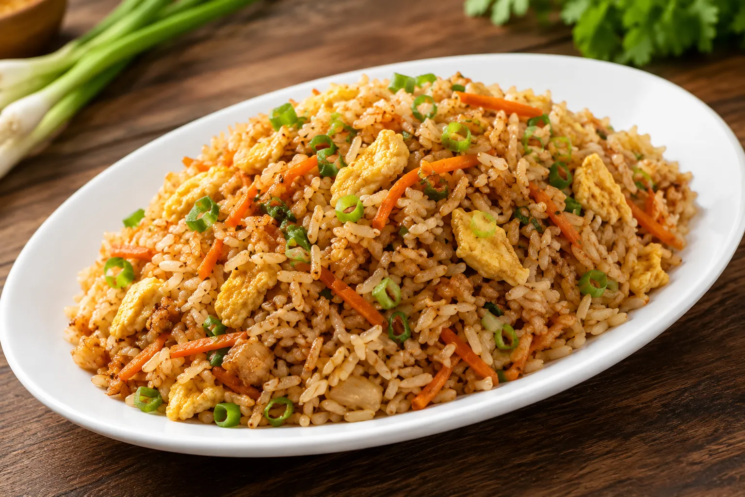 Hakka fried rice with meat, fried onions and coriander, a takeout favourite near White Oaks in London, Ontario