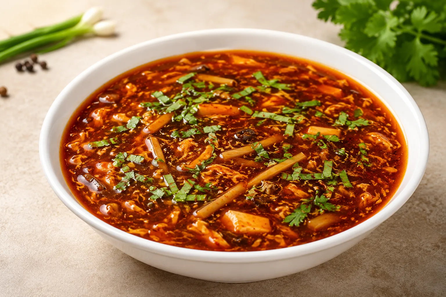 Hot and sour soup served hot at our Hakka restaurant in Highland, London, Ontario
