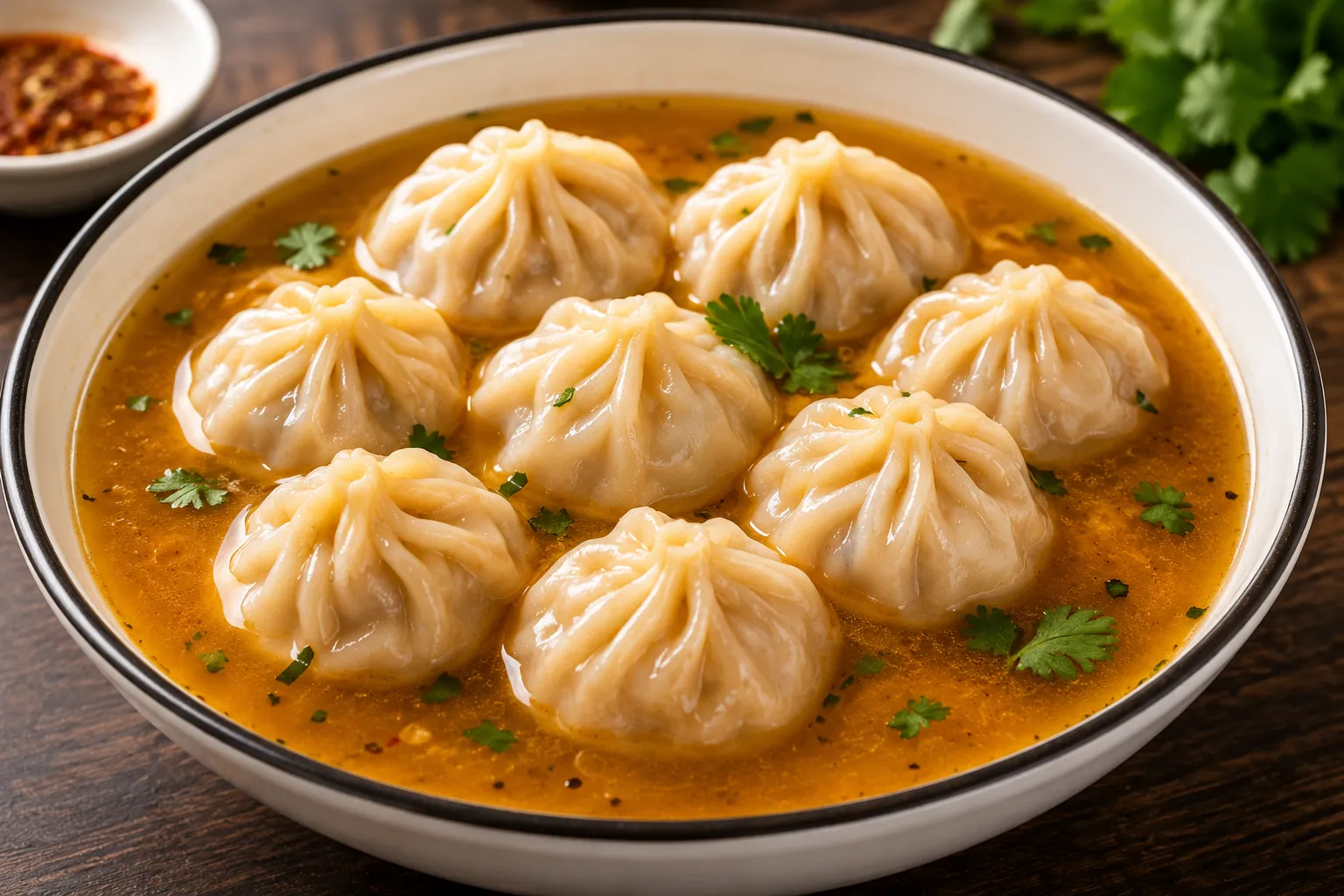 Jhol momos served in a spicy sesame and tomato broth at Southside Hakka & Momo House in London, Ontario